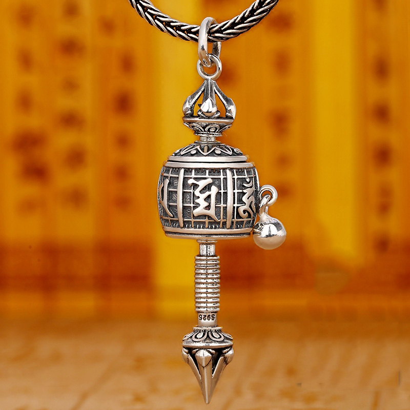 Vintage Handmade 925 Silver Buddhism Rotatable Prayer Wheel Om Mani Padme Hum Pendant No Chain